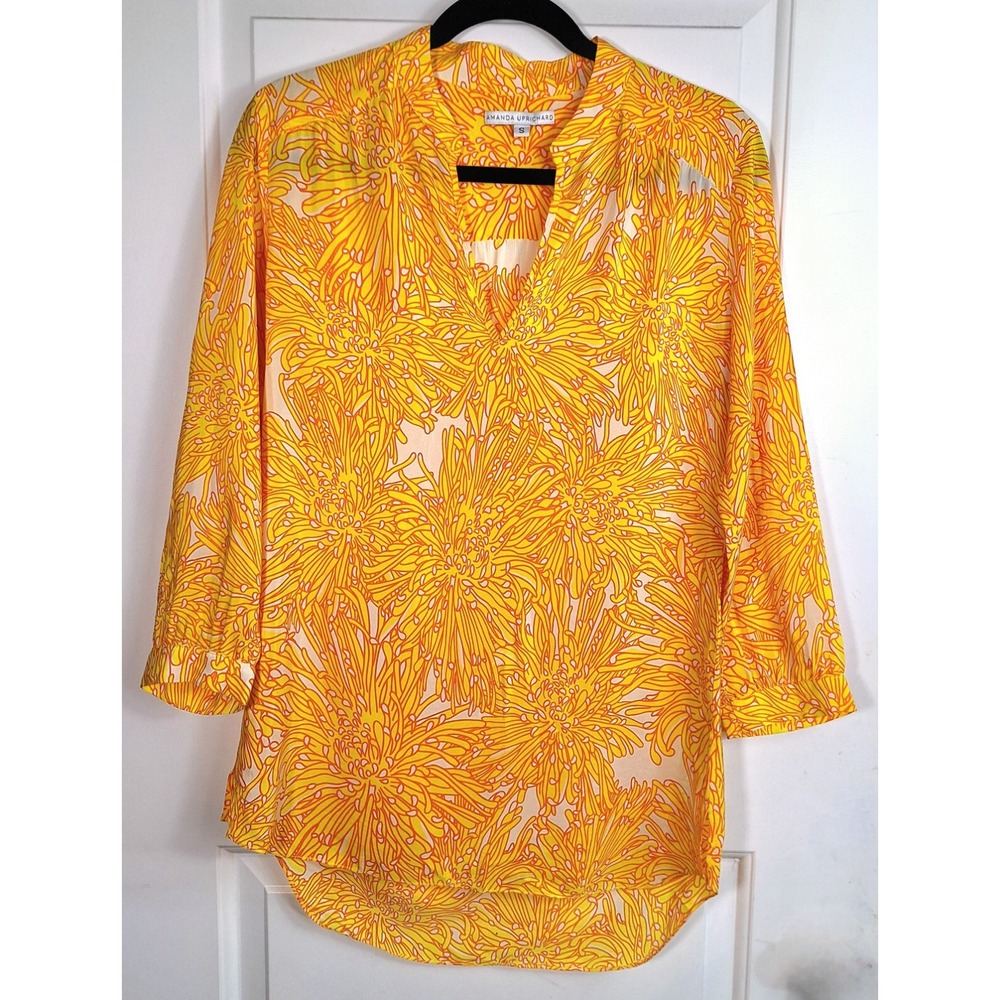 Amanda Uprichard Womens Small 100% Silk Floral Tunic Blouse Yellow 3/4 Sleeve